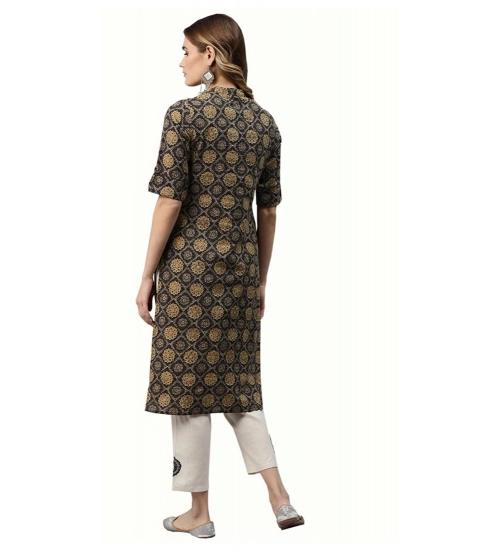 Generic Women's Cotton Printed Straight Fit Kurti (Black, Cotton)