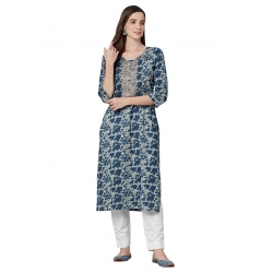 Generic Women's Cotton Printed Straight Kurti (Blue, Cotton)