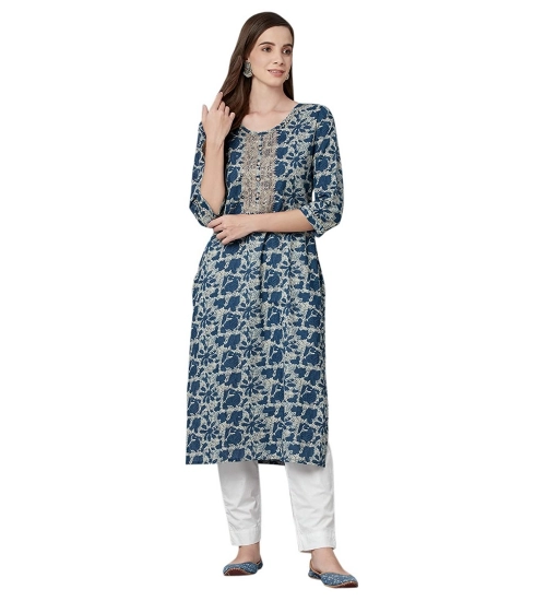 Generic Women's Cotton Printed Straight Kurti (Blue, Cotton)