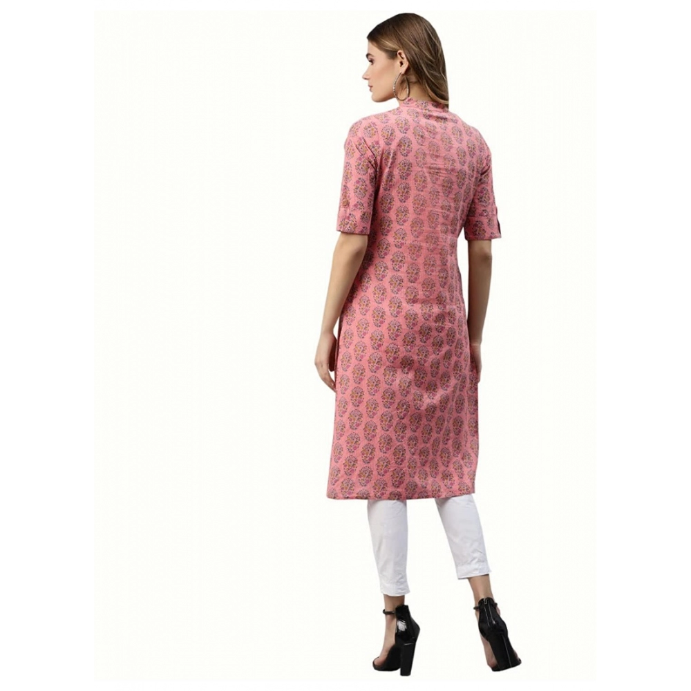 Generic Women's Cotton Printed Straight Fit Kurti (Pink, Cotton)