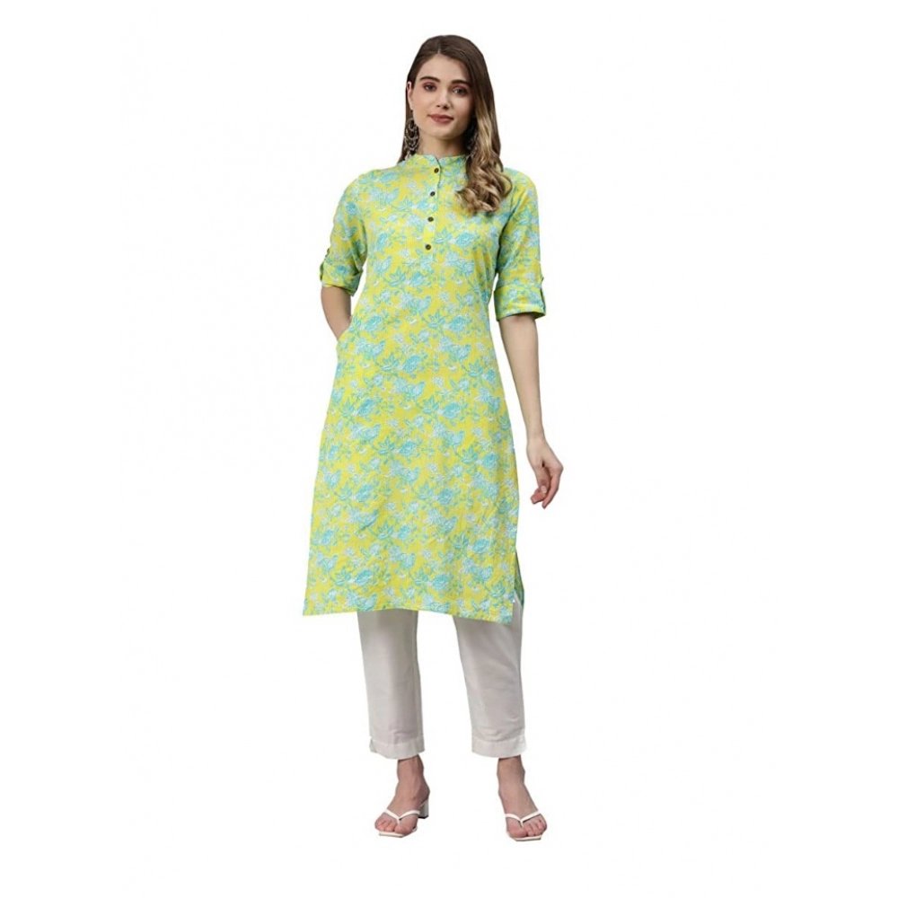Generic Women's Cotton Printed Straight Kurti (Yellow, Green, Cotton)