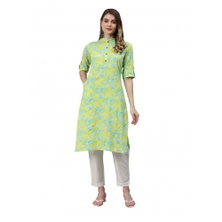 Generic Women's Cotton Printed Straight Kurti (Yellow, Green, Cotton)