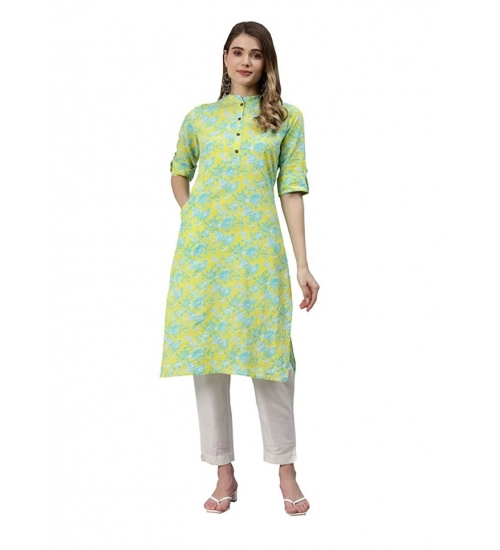 Generic Women's Cotton Printed Straight Kurti (Yellow, Green, Cotton)