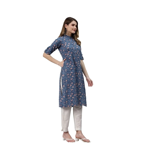 Generic Women's Cotton Printed Straight Kurti (Blue, Cotton)