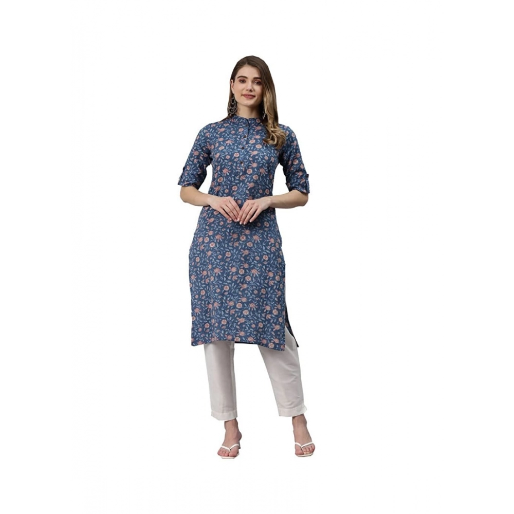 Generic Women's Cotton Printed Straight Kurti (Blue, Cotton)