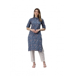Generic Women's Cotton Printed Straight Kurti (Blue, Cotton)