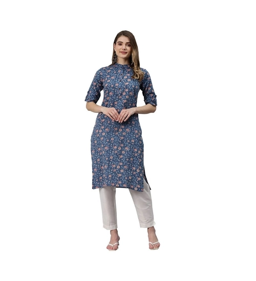 Generic Women's Cotton Printed Straight Kurti (Blue, Cotton)