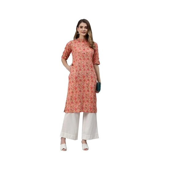 Generic Women's Pure Cotton Printed Straight Kurti (Peach, Pure Cotton)
