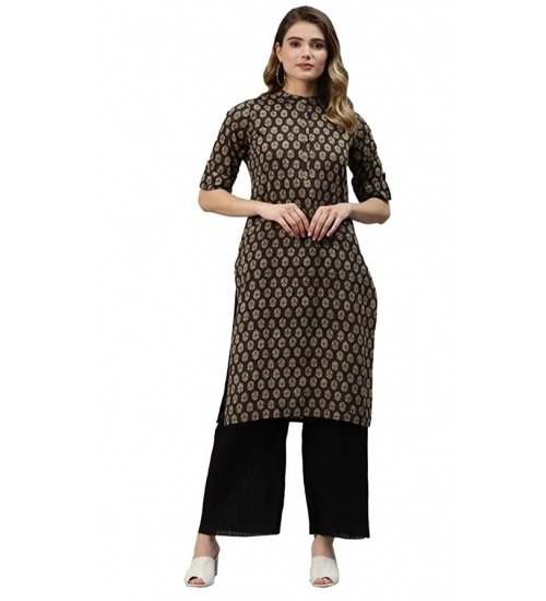 Generic Women's Cotton Printed Straight Kurti (Black, Cotton)