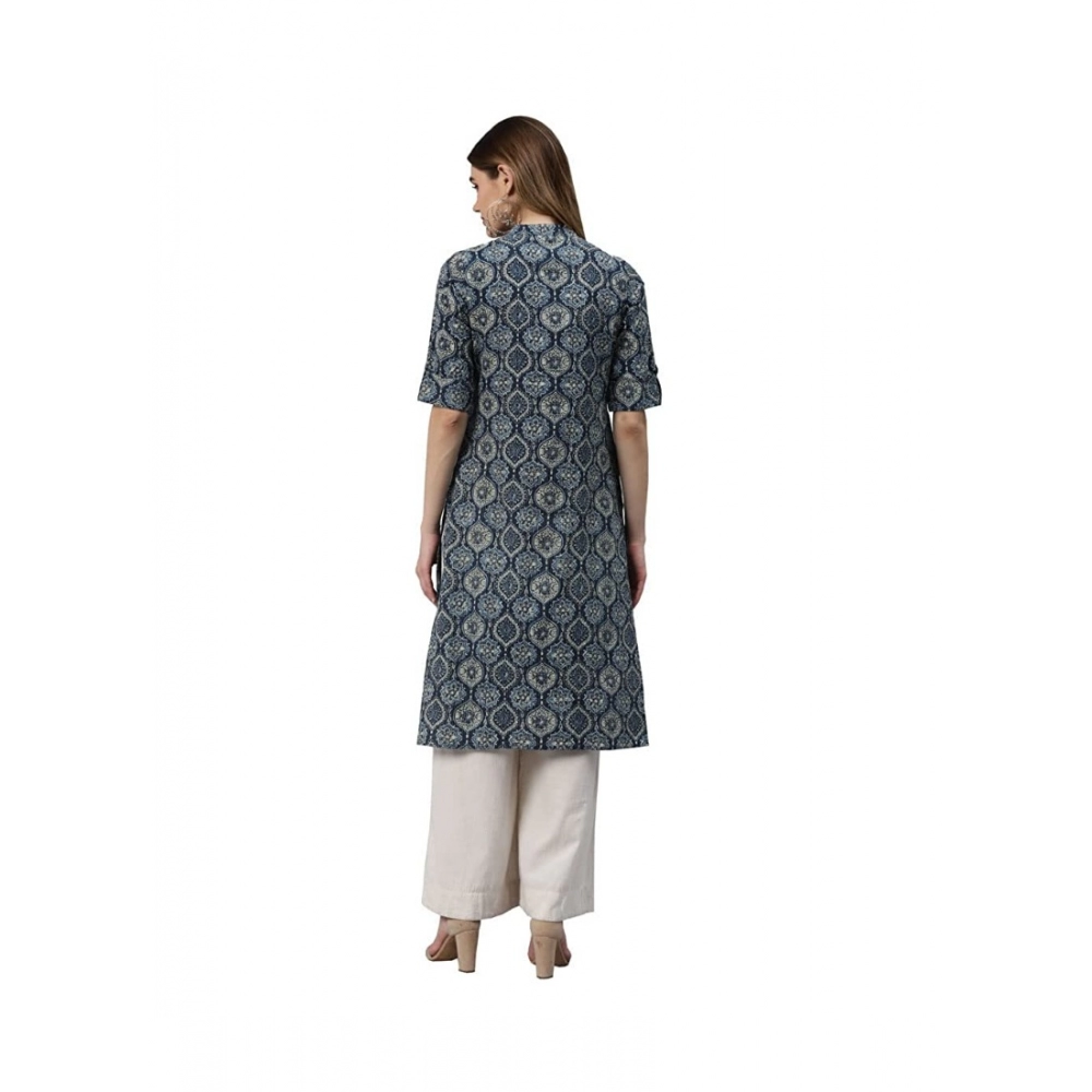 Generic Women's Cotton Printed Straight Kurti (Navy Blue, Cotton)