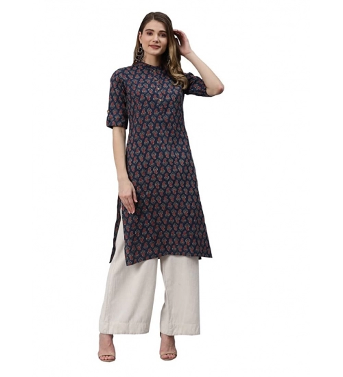 Generic Women's Cotton Printed Straight Kurti (Navy Blue, Cotton)