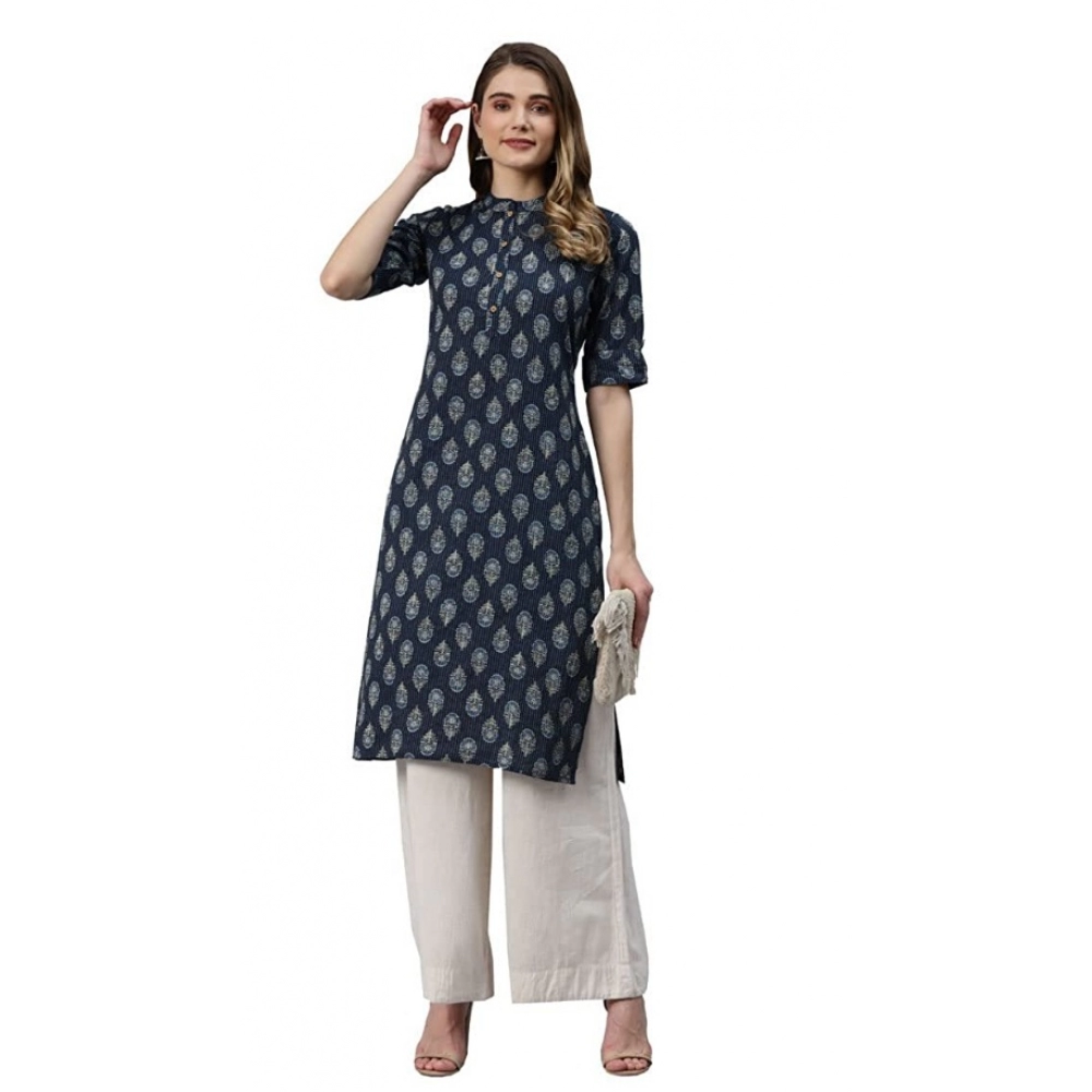 Generic Women's Cotton Printed Straight Fit Kurti (Navy Blue, Cotton)