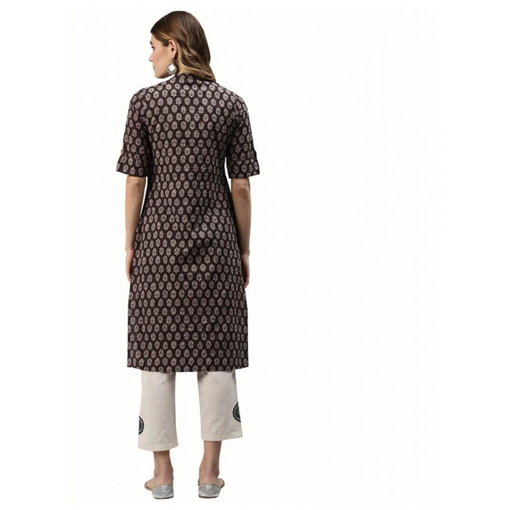 Generic Women's Cotton Printed Straight Fit Kurti (Black, Cotton)