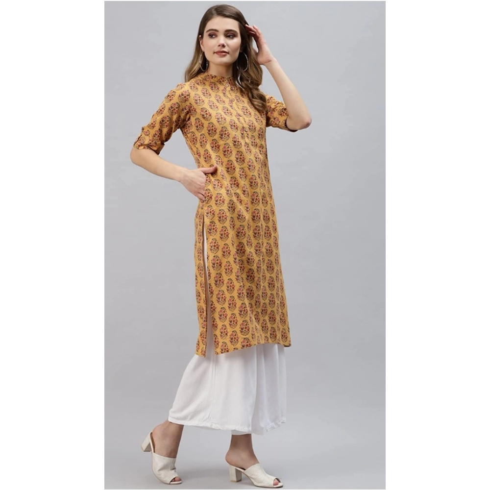 Generic Women's Pure Cotton Printed Straight Kurti (Mustard, Pure Cotton)