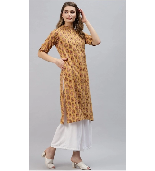 Generic Women's Pure Cotton Printed Straight Kurti (Mustard, Pure Cotton)