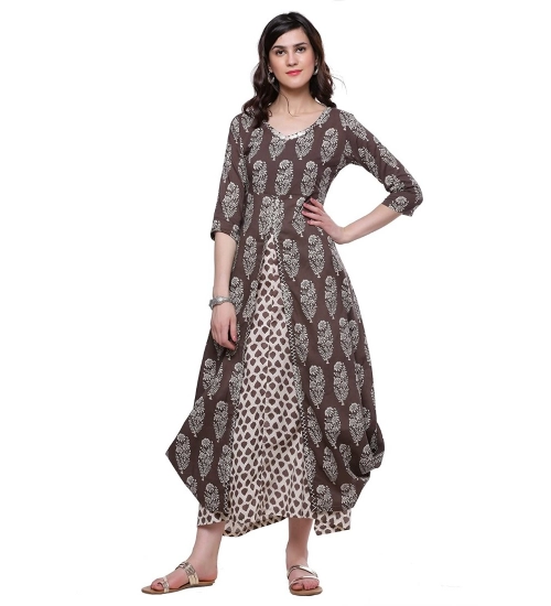 Generic Women's Cotton Printed Long Kurti (Brown, Cotton)