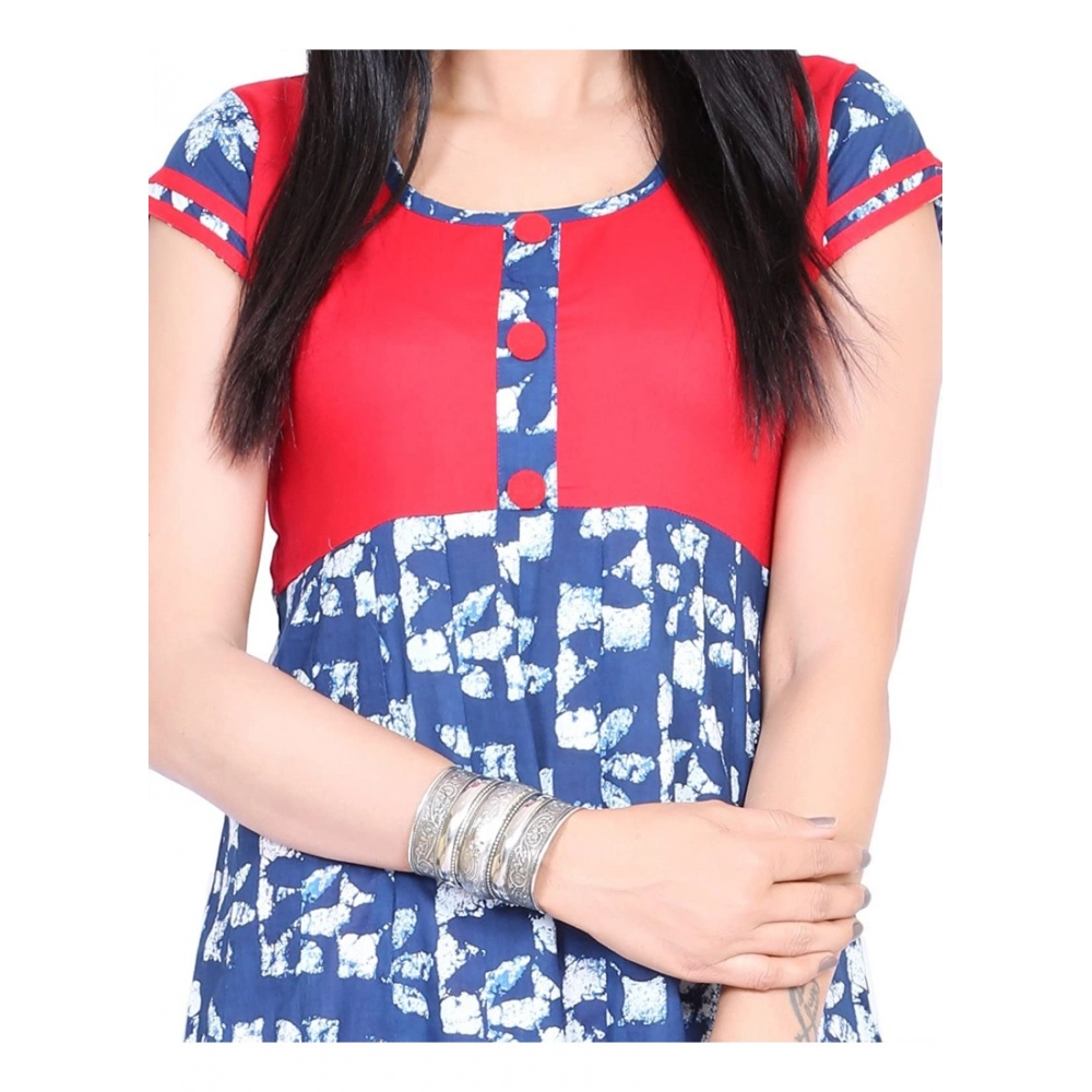 Generic Women's Cotton Printed Long Kurti (Blue, Red, Cotton)
