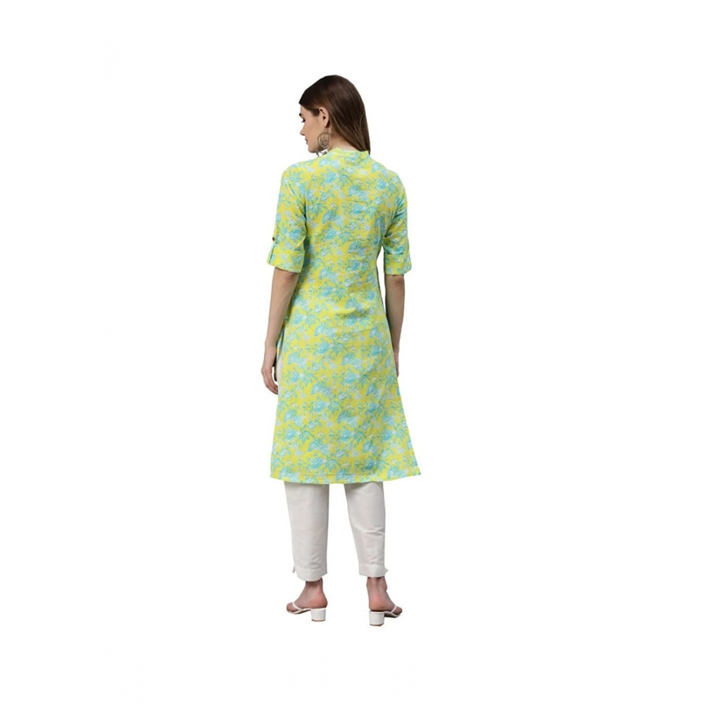 Generic Women's Cotton Printed Straight Kurti (Yellow, Green, Cotton)