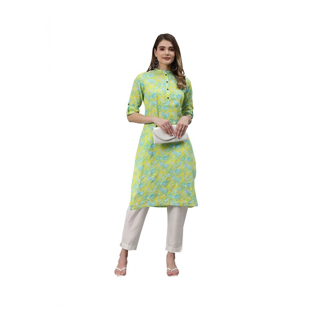 Generic Women's Cotton Printed Straight Kurti (Yellow, Green, Cotton)