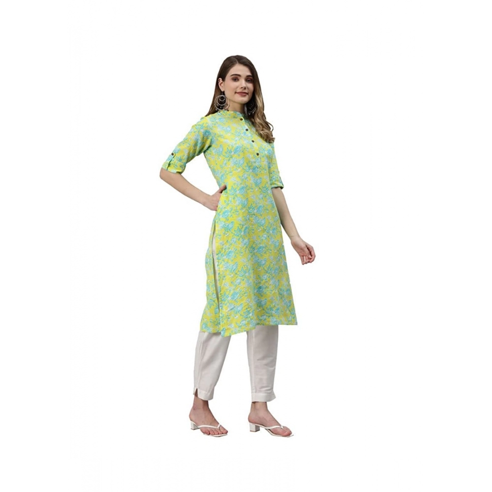 Generic Women's Cotton Printed Straight Kurti (Yellow, Green, Cotton)