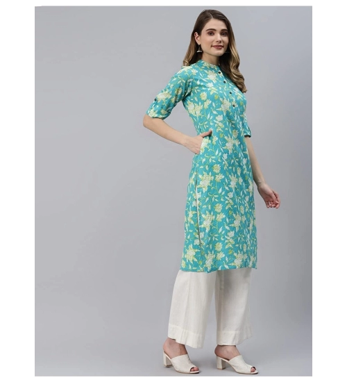 Generic Women's Pure Cotton Printed Straight Kurti (Green, Pure Cotton)