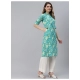 Generic Women's Pure Cotton Printed Straight Kurti (Green, Pure Cotton)