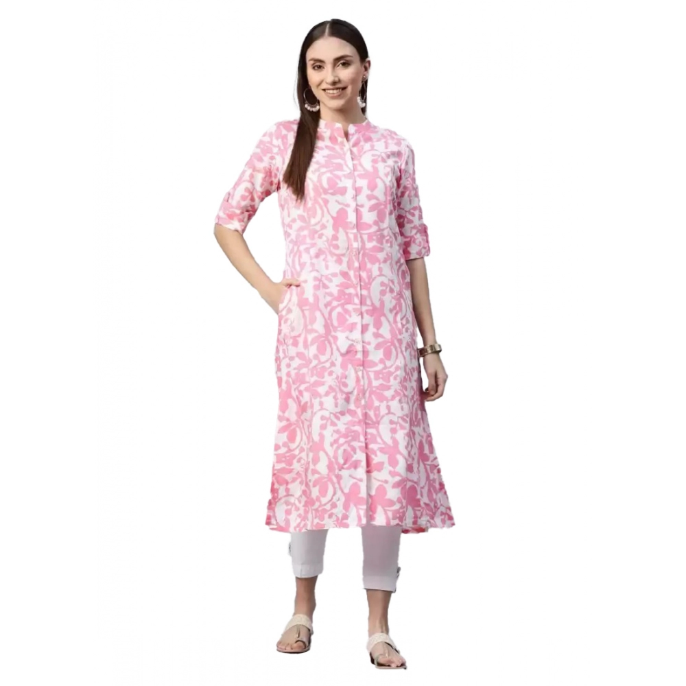 Generic Women's Cotton Printed A Line Kurti (White, Pink, Cotton)