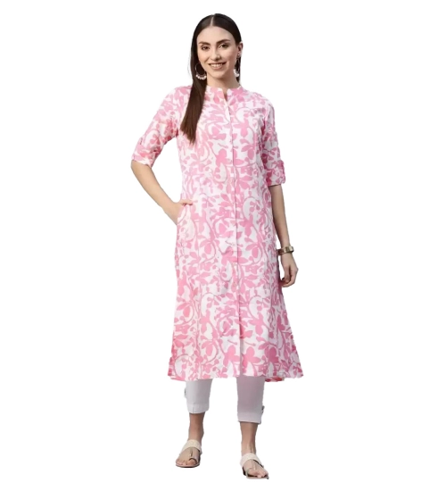 Generic Women's Cotton Printed A Line Kurti (White, Pink, Cotton)