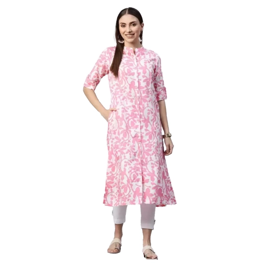 Generic Women's Cotton Printed A Line Kurti (White, Pink, Cotton)