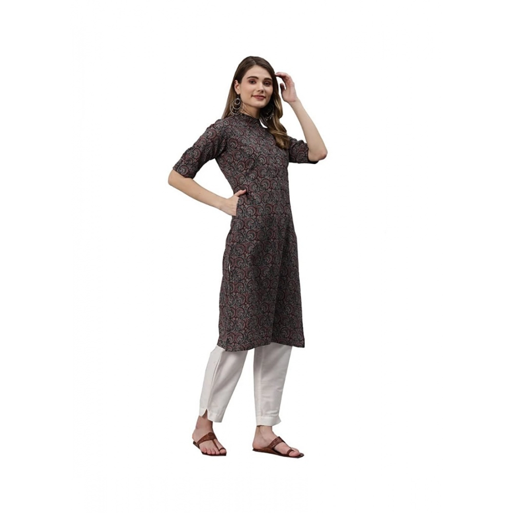 Generic Women's Cotton Printed Straight Kurti (Black, Cotton)