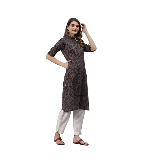 Generic Women's Cotton Printed Straight Kurti (Black, Cotton)
