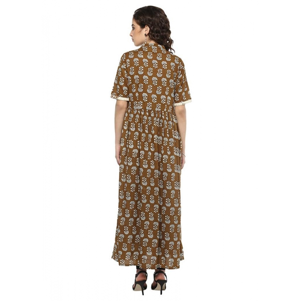 Generic Women's Cotton Printed Front Slit Kurti (Brown, Cotton)