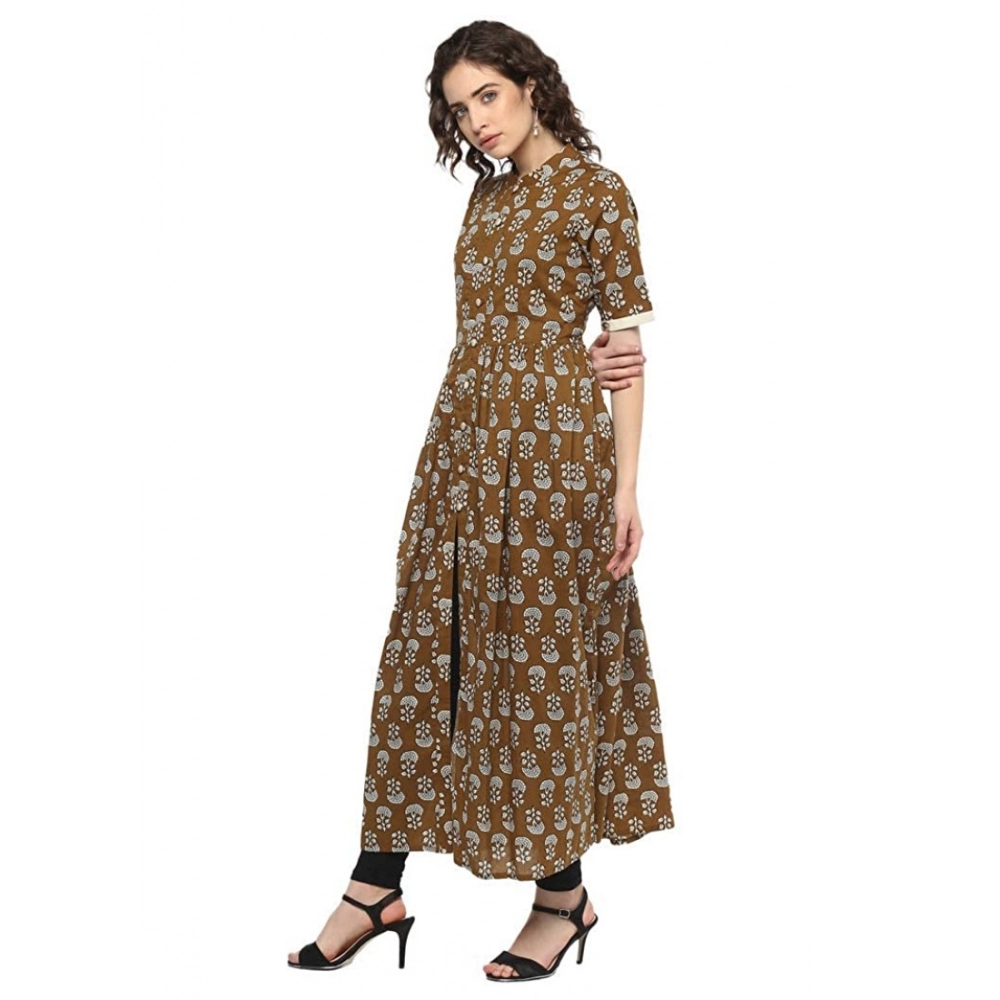 Generic Women's Cotton Printed Front Slit Kurti (Brown, Cotton)
