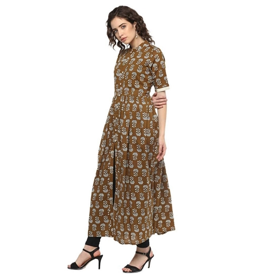 Generic Women's Cotton Printed Front Slit Kurti (Brown, Cotton)