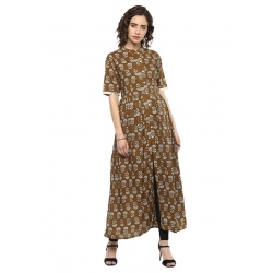 Generic Women's Cotton Printed Front Slit Kurti (Brown, Cotton)