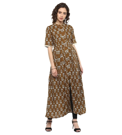 Generic Women's Cotton Printed Front Slit Kurti (Brown, Cotton)