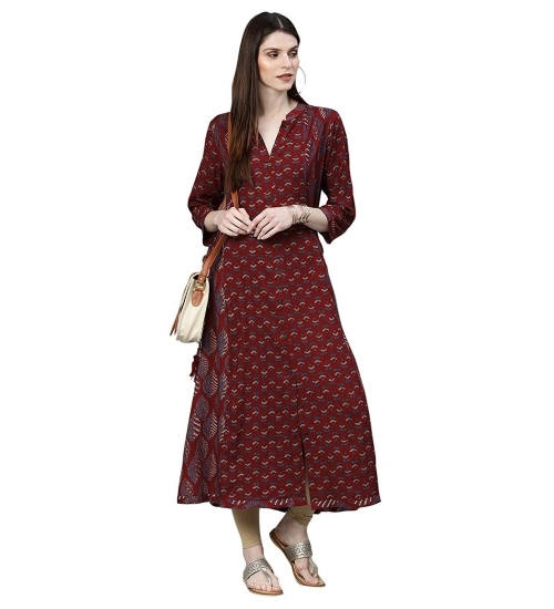 Generic Women's Rayon Printed Regular Kurti (Maroon, Rayon)