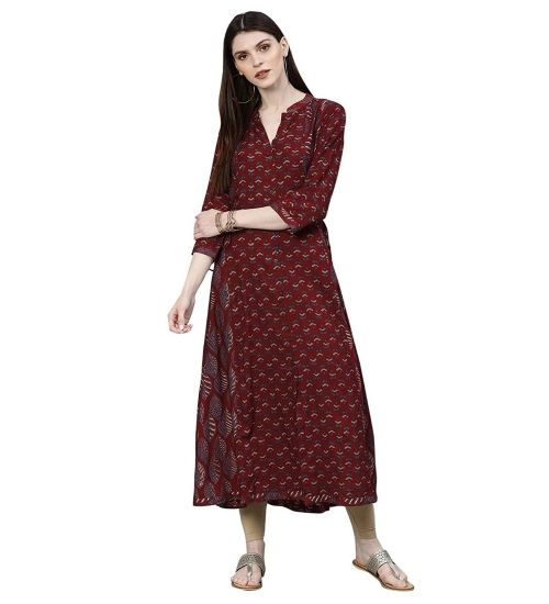 Generic Women's Rayon Printed Regular Kurti (Maroon, Rayon)