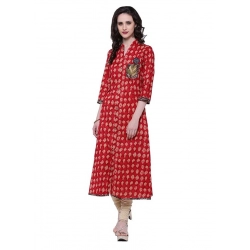 Generic Women's Cotton Patch A Line Long Kurti (Red, Cotton)