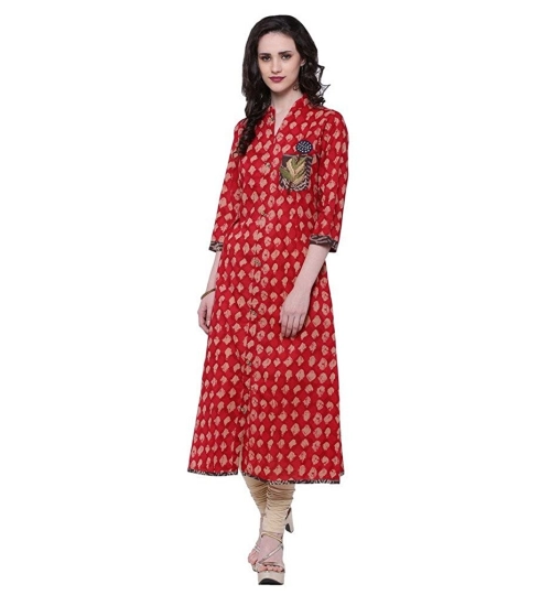 Generic Women's Cotton Patch A Line Long Kurti (Red, Cotton)