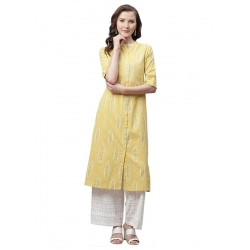 Generic Women's Pure Cotton Printed A Line Kurti (Yellow, Pure Cotton)