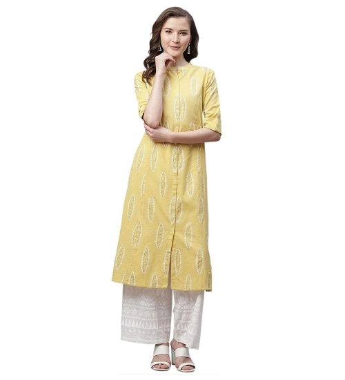 Generic Women's Pure Cotton Printed A Line Kurti (Yellow, Pure Cotton)