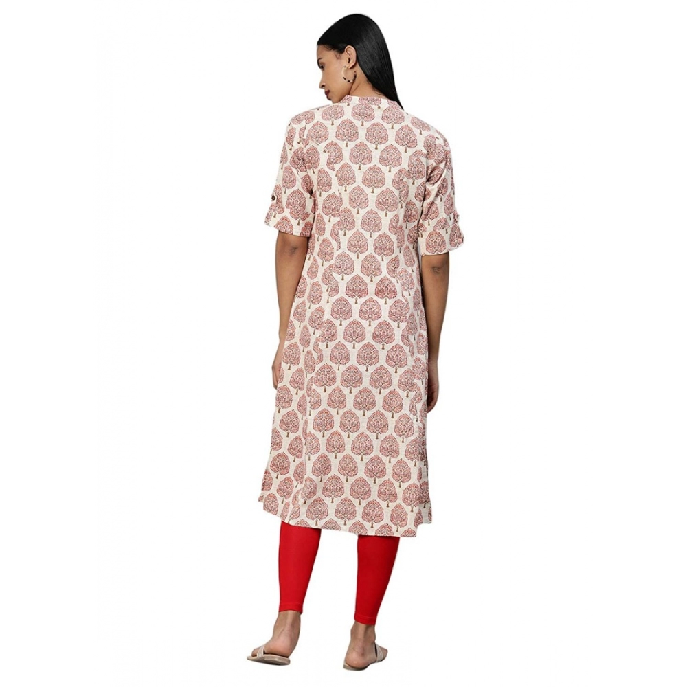 Generic Women's Khadi PrintedA Line Kurti (Cream, Khadi)