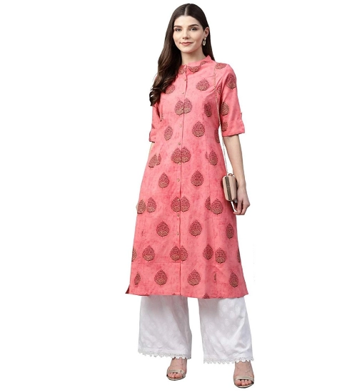 Generic Women's Cotton Printed A Line Kurti (Peach, Cotton)