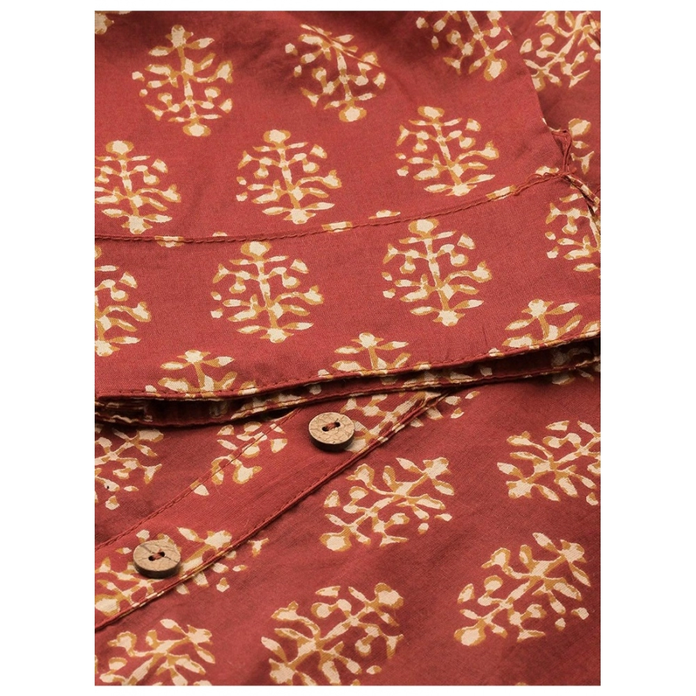Generic Women's Cotton Printed Straight Kurti (Red, Cotton)