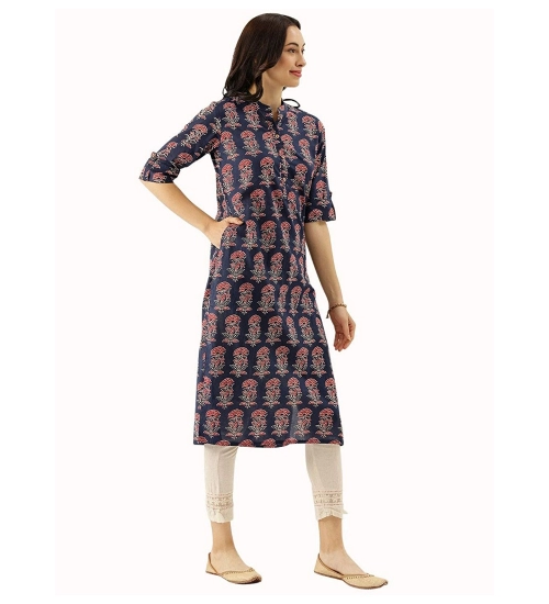 Generic Women's Cotton Printed Straight Kurti (Blue, Cotton)