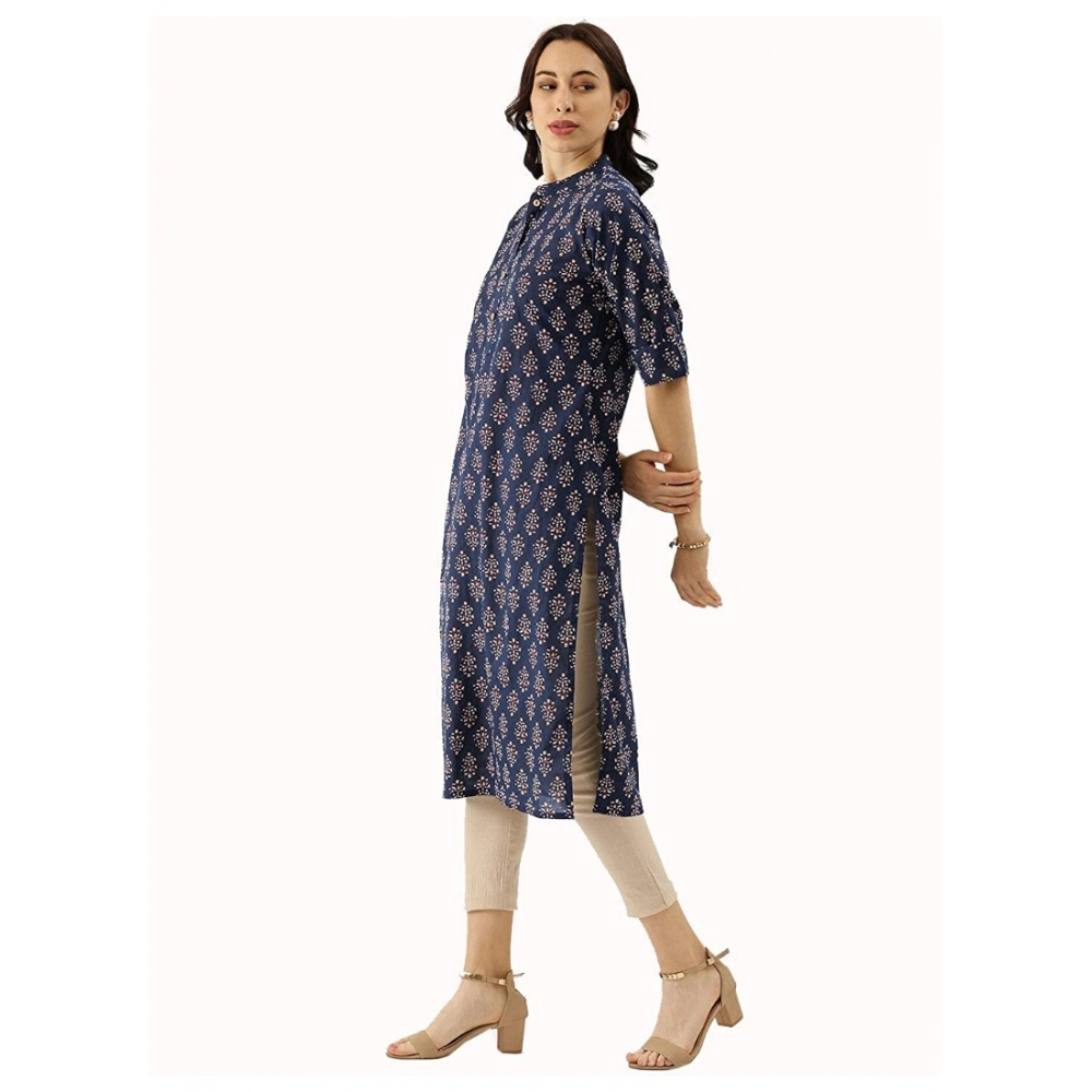 Generic Women's Cotton Printed Straight Kurti (Navy Blue, Cotton)