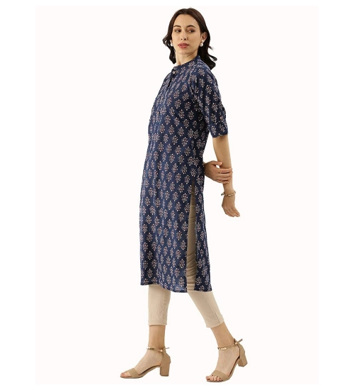 Generic Women's Cotton Printed Straight Kurti (Navy Blue, Cotton)