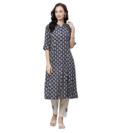 Generic Women's Rayon Printed A Line Kurti (Blue, Rayon)