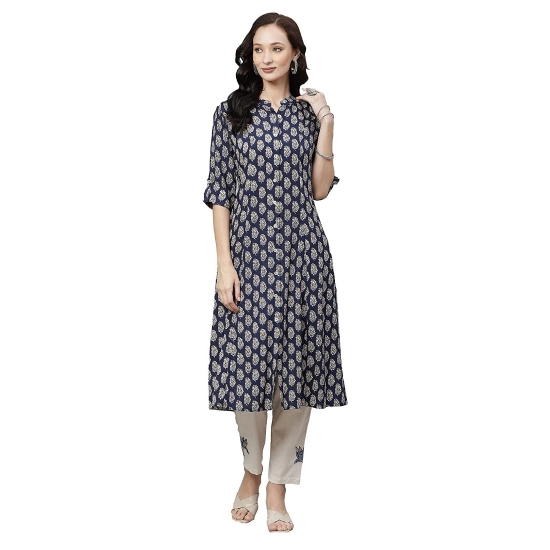 Generic Women's Rayon Printed A Line Kurti (Blue, Rayon)